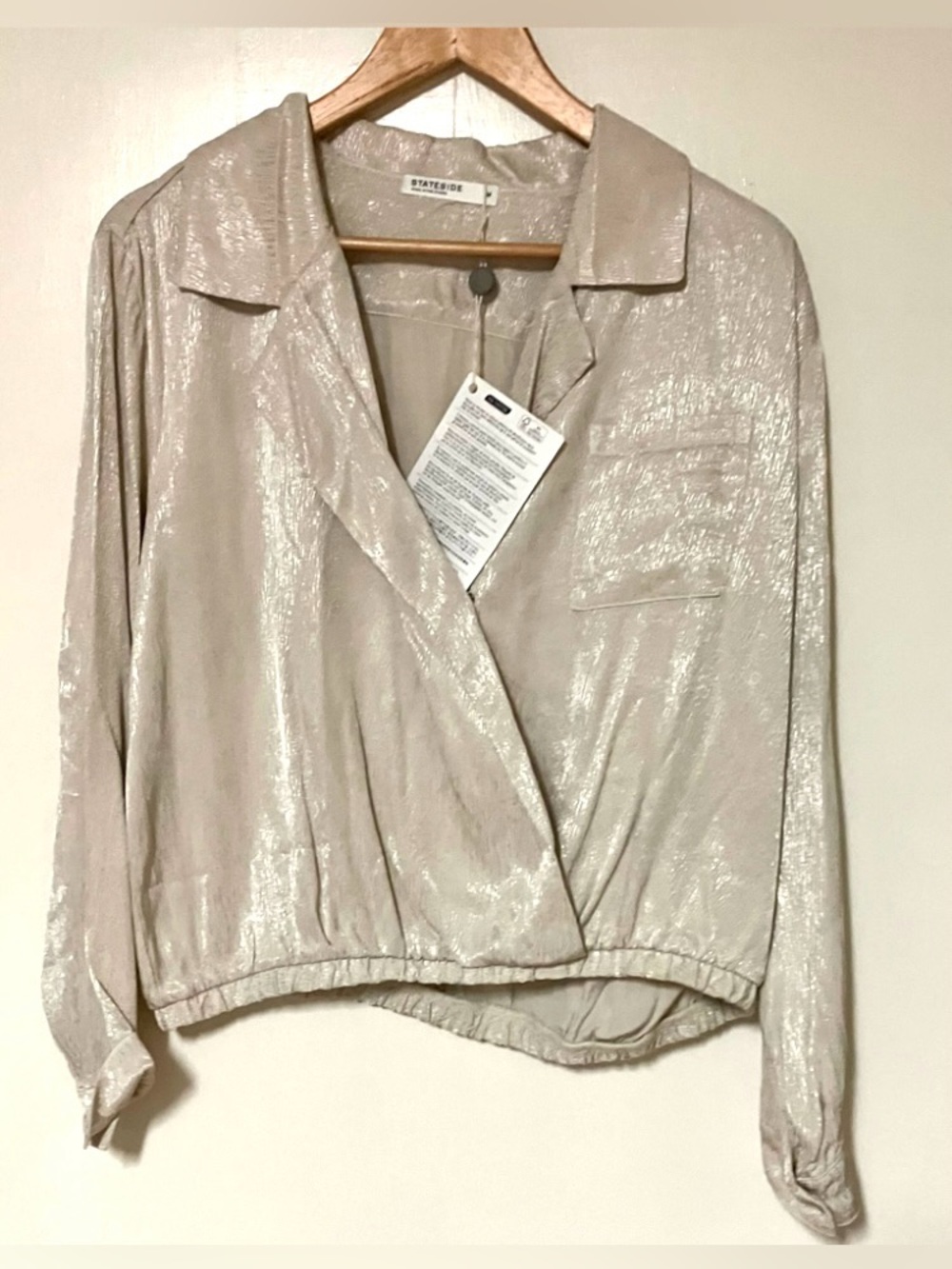Stateside Shimmery Cream Wrap-Front Button-Down Top w/ Bubble Style Hem:  M